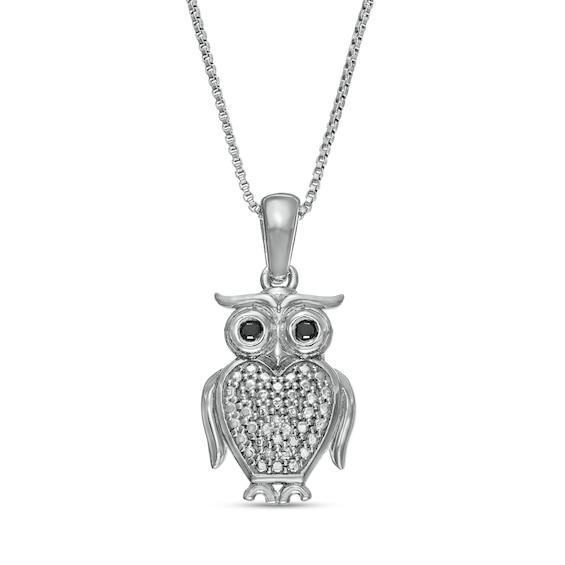 Black Enhanced and White Diamond Accent Owl Pendant in Sterling Silver