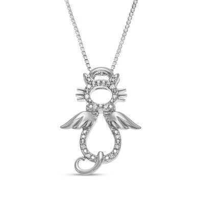 Diamond Accent Angel Cat Pendant is fashioned in Sterling Silver