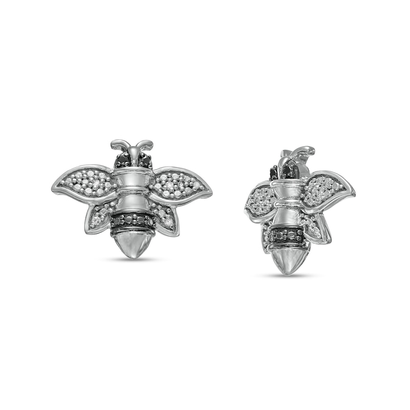 Black Enhanced and White Diamond Accent Bee Stud Earrings in Sterling Silver