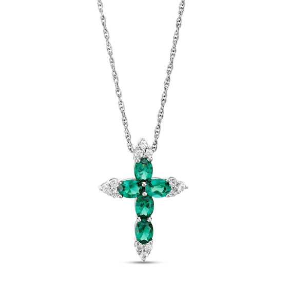 Oval Lab-Created Emerald and White Sapphire Tri-Point Cross Pendant in Sterling Silver