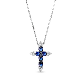 Oval Blue and White Lab-Created Sapphire Tri-Point Cross Pendant in Sterling Silver