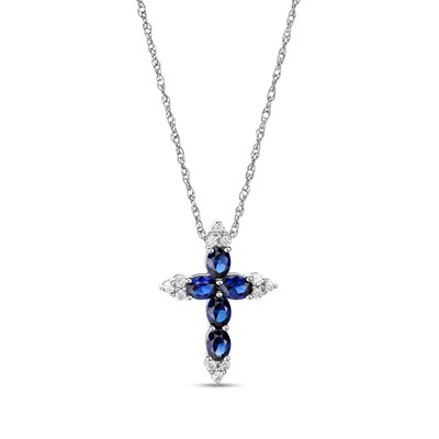 Oval Blue and White Lab-Created Sapphire Tri-Point Cross Pendant in Sterling Silver