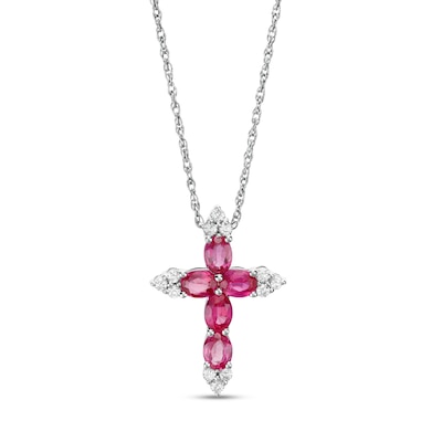 Oval Lab-Created Ruby and White Sapphire Tri-Point Cross Pendant in Sterling Silver