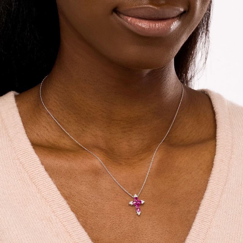 Oval Lab-Created Ruby and White Sapphire Tri-Point Cross Pendant in Sterling Silver