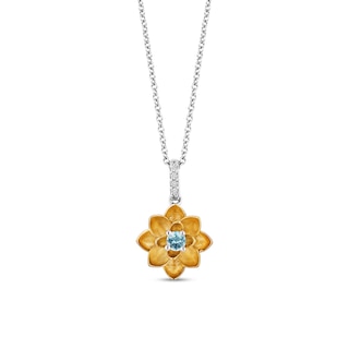 Enchanted Disney Jasmine Swiss Blue Topaz and Diamond Accent Flower Pendant in Sterling Silver and 10K Gold – 19"