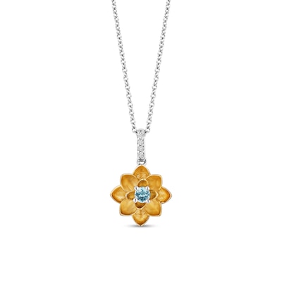 Enchanted Disney Jasmine Swiss Blue Topaz and Diamond Accent Flower Pendant in Sterling Silver and 10K Gold – 19"