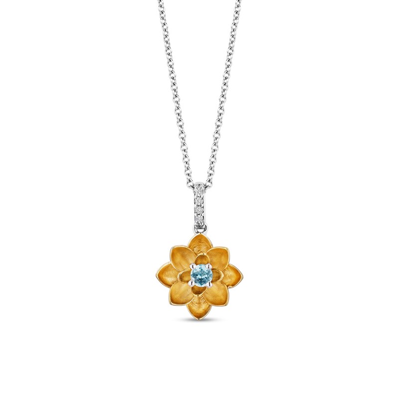 Enchanted Disney Jasmine Swiss Blue Topaz and Diamond Accent Flower Pendant in Sterling Silver and 10K Gold – 19"