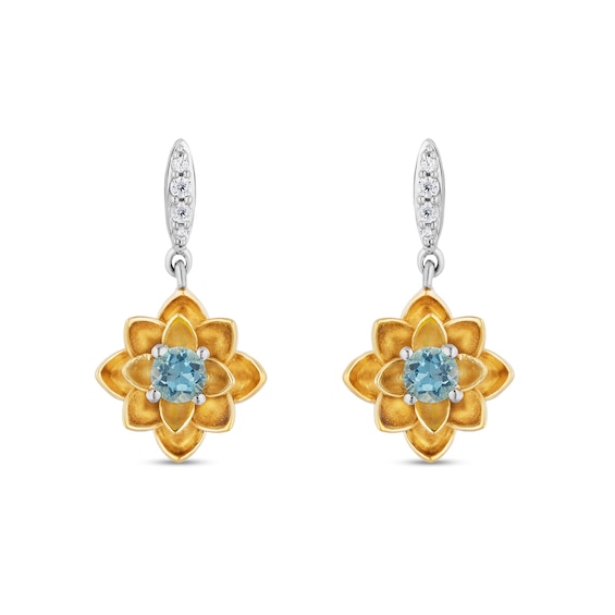 Enchanted Disney Jasmine Swiss Blue Topaz and 0.04 CT. T.W. Diamond Flower Drop Earrings in Sterling Silver and 10K Gold