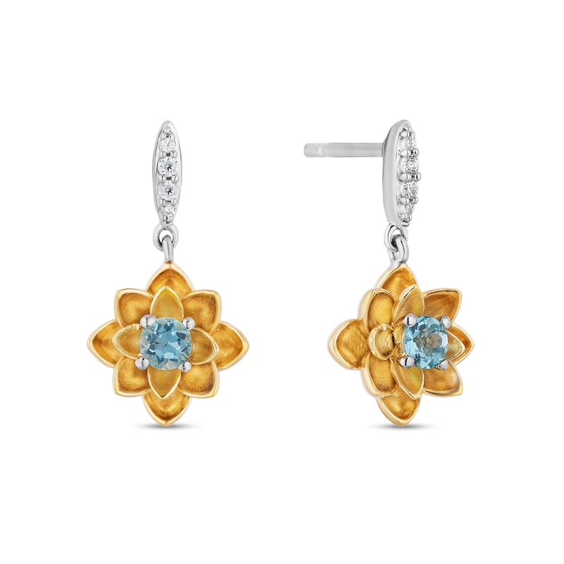 Enchanted Disney Jasmine Swiss Blue Topaz and 0.04 CT. T.W. Diamond Flower Drop Earrings in Sterling Silver and 10K Gold|Peoples Jewellers