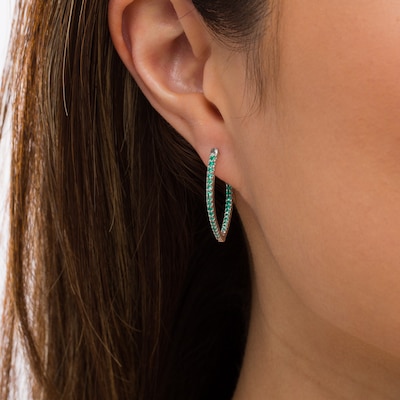 Graduating Lab-Created Emerald V-Shape Oval Inside-Out Hoop Earrings in Sterling Silver