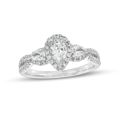 1.00 CT. T.W. Pear-Shaped Diamond Frame Past Present Future® Twist Shank Engagement Ring in 14K White Gold (I/I1)