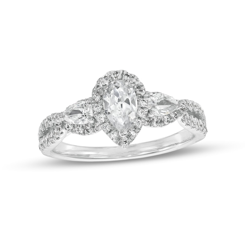 1.00 CT. T.W. Pear-Shaped Diamond Frame Past Present Future® Twist Shank Engagement Ring in 14K White Gold (I/I1)|Peoples Jewellers