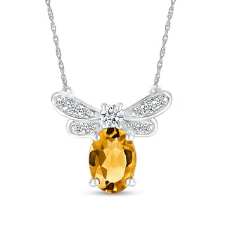 Oval Citrine and White Lab-Created Sapphire Dragonfly Necklace in Sterling Silver