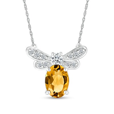 Oval Citrine and White Lab-Created Sapphire Dragonfly Necklace in Sterling Silver