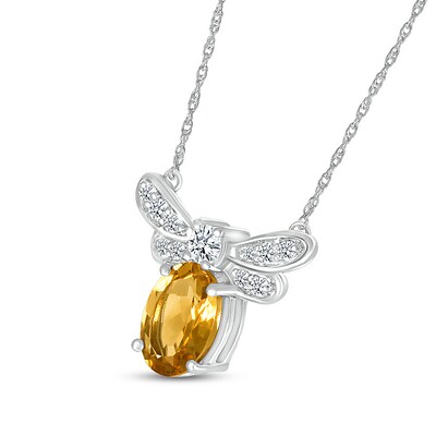 Oval Citrine and White Lab-Created Sapphire Dragonfly Necklace in Sterling Silver