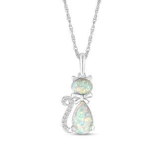 Pear-Shaped and Sideways Oval Lab-Created Opal and Diamond Accent Cat Pendant in Sterling Silver