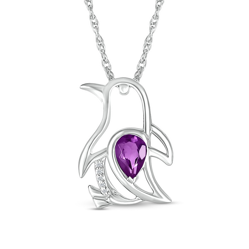 Pear-Shaped Amethyst and Diamond Accent Sitting Penguin Outline Pendant in Sterling Silver|Peoples Jewellers
