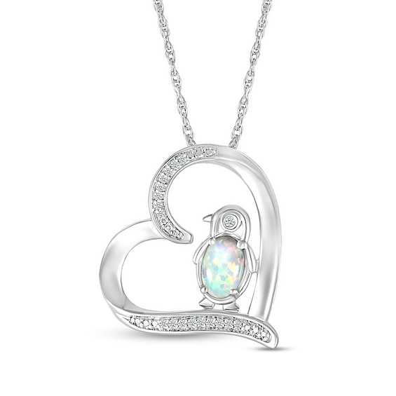 Oval Lab-Created Opal and 0.04 CT. T.W. Diamond Penguin in Tilted Heart Outline Pendant in Sterling Silver