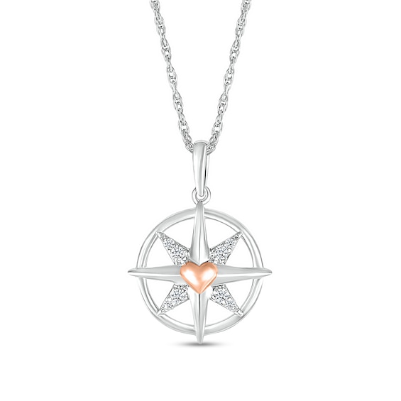 White Lab-Created Sapphire with Puff Heart Accent North Star Compass Pendant in Sterling Silver and 10K Rose Gold