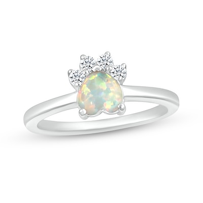 6.0mm Heart-Shaped Lab-Created Opal and White Lab-Created Sapphire Paw Print Ring in Sterling Silver