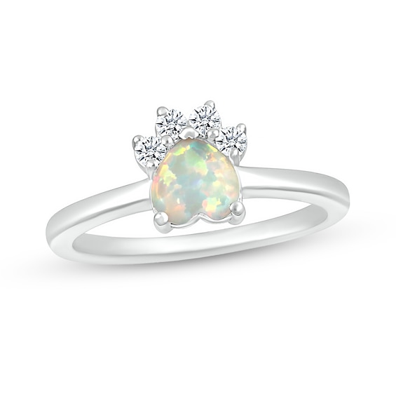 6.0mm Heart-Shaped Lab-Created Opal and White Lab-Created Sapphire Paw Print Ring in Sterling Silver