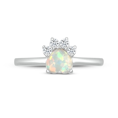 6.0mm Heart-Shaped Lab-Created Opal and White Lab-Created Sapphire Paw Print Ring in Sterling Silver