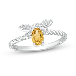 Oval Citrine and Diamond Accent Rope-Textured Dragonfly Ring in Sterling Silver