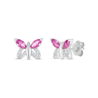 Marquise Pink and White Lab-Created Sapphire Butterfly with Wing Outline Stud Earrings in Sterling Silver