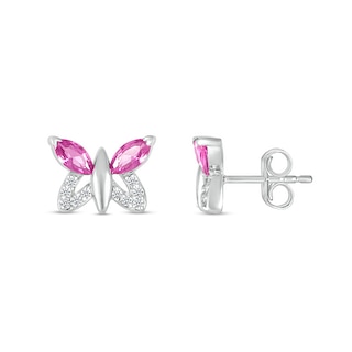 Marquise Pink and White Lab-Created Sapphire Butterfly with Wing Outline Stud Earrings in Sterling Silver