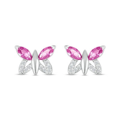 Marquise Pink and White Lab-Created Sapphire Butterfly with Wing Outline Stud Earrings in Sterling Silver