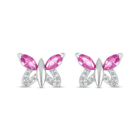 Marquise Pink and White Lab-Created Sapphire Butterfly with Wing Outline Stud Earrings in Sterling Silver