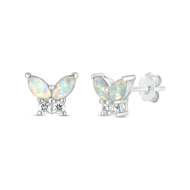 Marquise Lab-Created Opal and White Lab-Created Sapphire Butterfly Stud Earrings in Sterling Silver