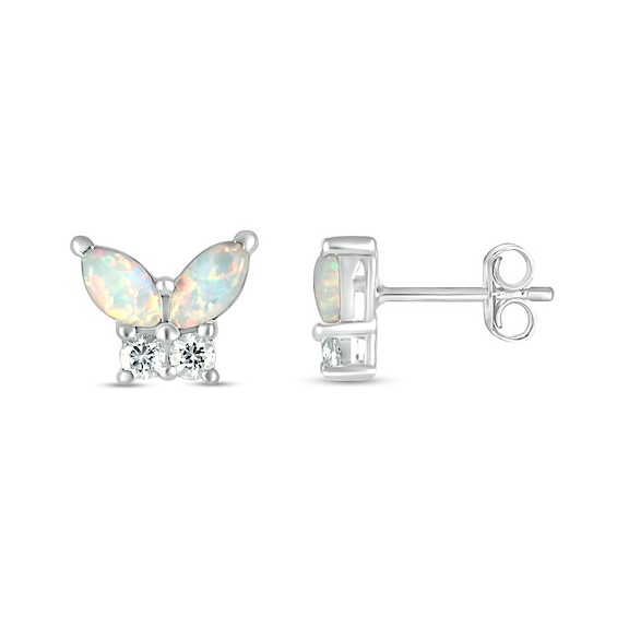 Marquise Lab-Created Opal and White Lab-Created Sapphire Butterfly Stud Earrings in Sterling Silver