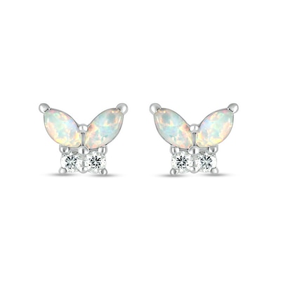 Marquise Lab-Created Opal and White Lab-Created Sapphire Butterfly Stud Earrings in Sterling Silver