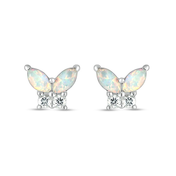 Marquise Lab-Created Opal and White Lab-Created Sapphire Butterfly Stud Earrings in Sterling Silver