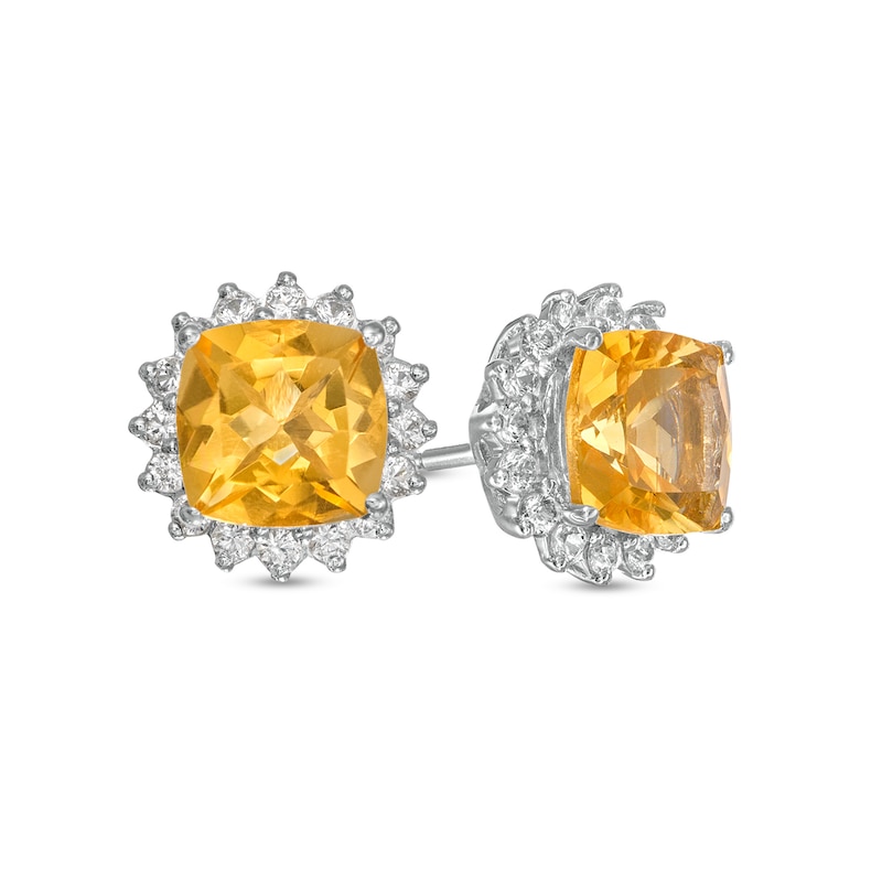 6.0mm Cushion-Cut Citrine and White Lab-Created Sapphire Shadow Frame Stud Earrings in 10K White Gold|Peoples Jewellers