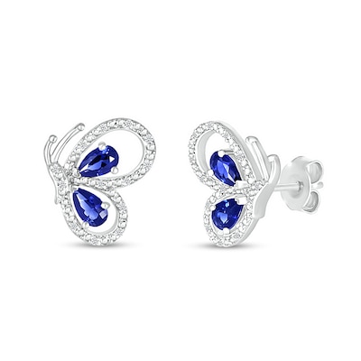 Pear-Shaped Blue Lab-Created Sapphire and 0.04 CT. T.W. Diamond Butterfly Profile Stud Earrings in Sterling Silver