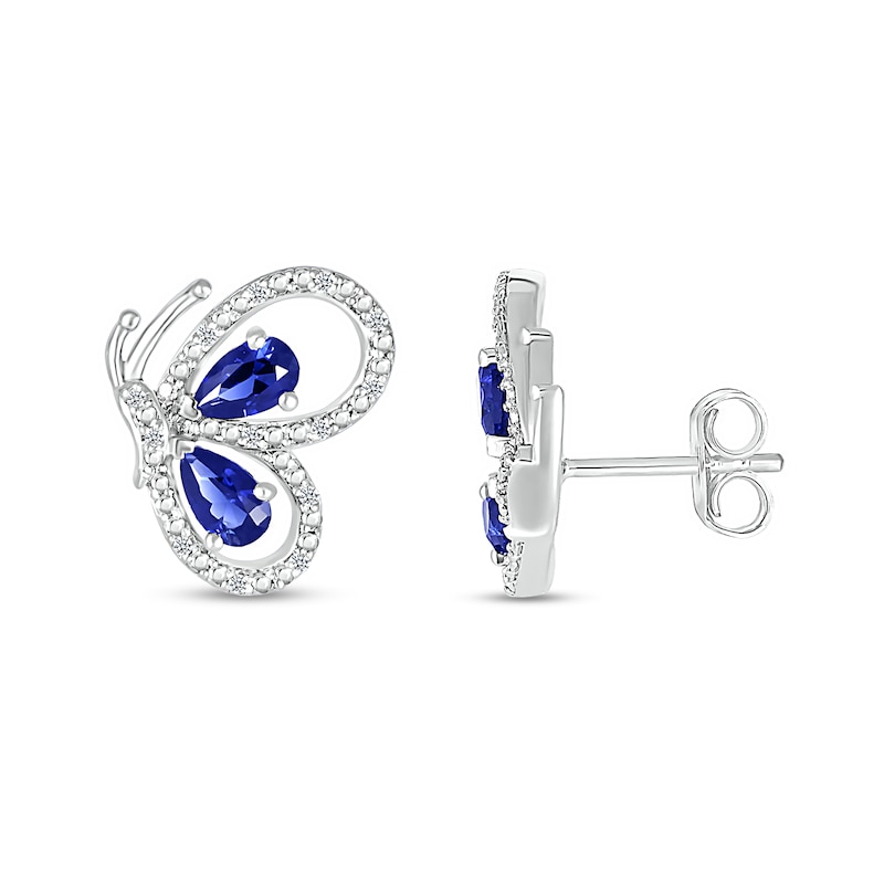 Pear-Shaped Blue Lab-Created Sapphire and 0.04 CT. T.W. Diamond Butterfly Profile Stud Earrings in Sterling Silver|Peoples Jewellers