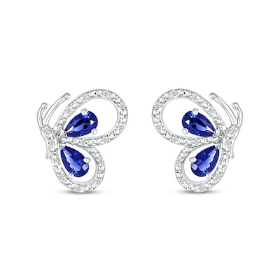 Pear-Shaped Blue Lab-Created Sapphire and 0.04 CT. T.W. Diamond Butterfly Profile Stud Earrings in Sterling Silver