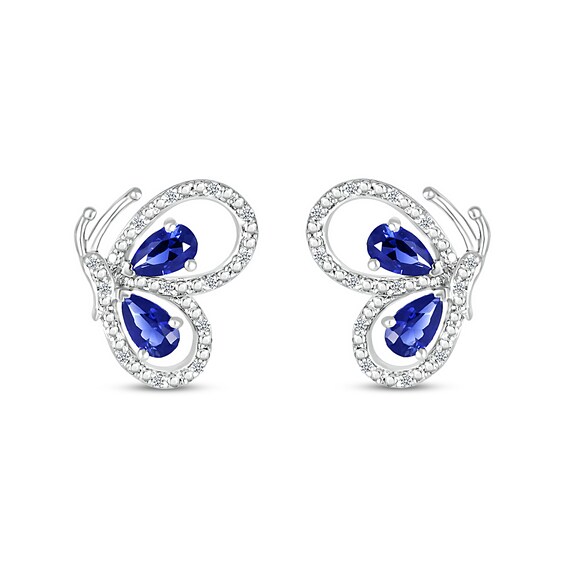 Pear-Shaped Blue Lab-Created Sapphire and 0.04 CT. T.W. Diamond Butterfly Profile Stud Earrings in Sterling Silver