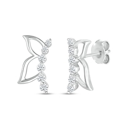 White Lab-Created Sapphire Graduated Curved Butterfly Profile with Wing Outline Stud Earrings in Sterling Silver