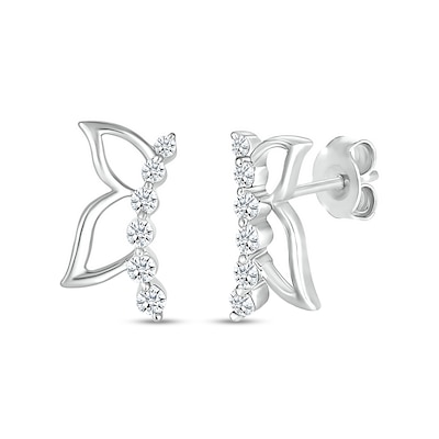 White Lab-Created Sapphire Graduated Curved Butterfly Profile with Wing Outline Stud Earrings in Sterling Silver