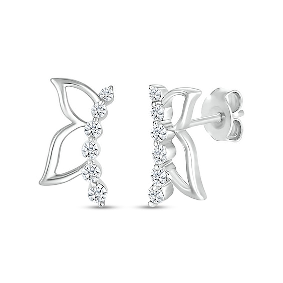 White Lab-Created Sapphire Graduated Curved Butterfly Profile with Wing Outline Stud Earrings in Sterling Silver