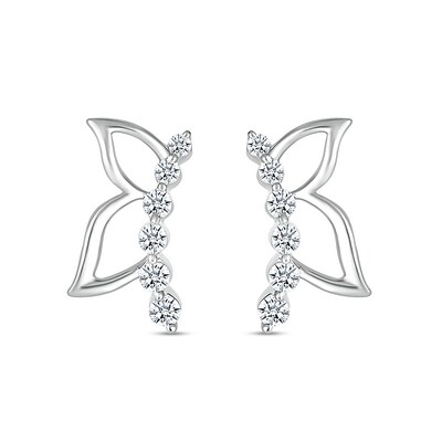 White Lab-Created Sapphire Graduated Curved Butterfly Profile with Wing Outline Stud Earrings in Sterling Silver