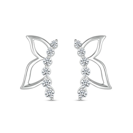 White Lab-Created Sapphire Graduated Curved Butterfly Profile with Wing Outline Stud Earrings in Sterling Silver