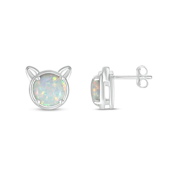 6.0mm Lab-Created Opal Cat Head Stud Earrings in Sterling Silver