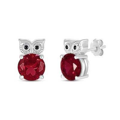 7.0mm Lab-Created Ruby and Black Diamond Accent Owl Stud Earrings in Sterling Silver