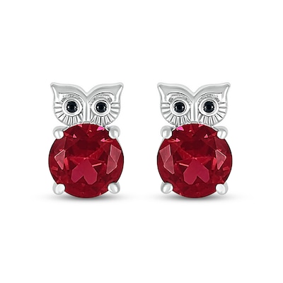 7.0mm Lab-Created Ruby and Black Diamond Accent Owl Stud Earrings in Sterling Silver