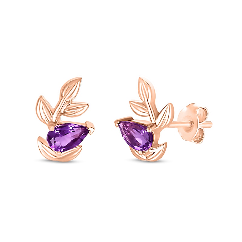 Pear-shaped Amethyst Slant Leafy Vine Stud Earrings in 10K Rose Gold|Peoples Jewellers