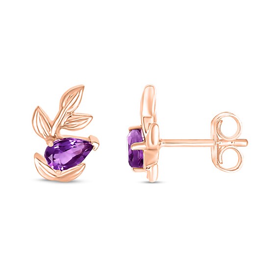 Pear-shaped Amethyst Slant Leafy Vine Stud Earrings in 10K Rose Gold